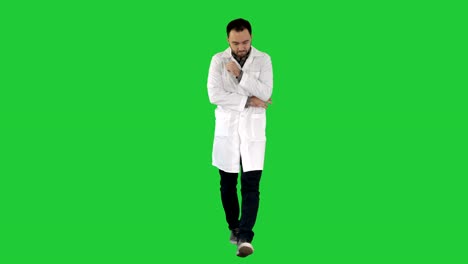 Tired-doctor-walking-on-a-Green-Screen,-Chroma-Key