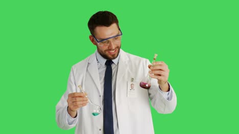 Mid-Shot-of-a-Scientist-Wearing-Protective-Glasses-Mixing-Chemicals-in-a-Beakers.-Background-is-Green-Screen.