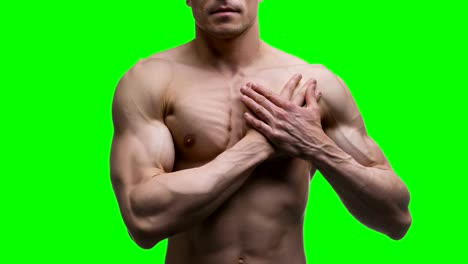 Heart-attack,-elderly-muscular-man-with-infarction-on-green-background,-chroma-key-4K-video