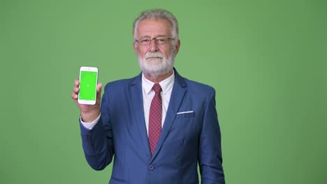 Handsome-senior-bearded-businessman-against-green-background