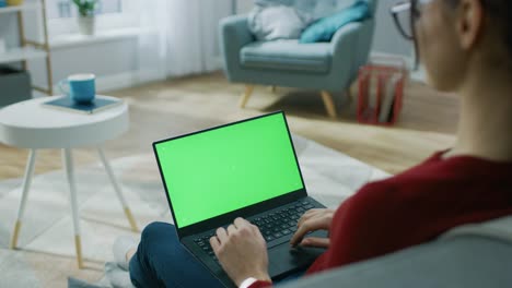 Mujer-joven-en-el-hogar-funciona-en-un-ordenador-portátil-con-pantalla-verde-maqueta.-Él-está-sentado-en-un-sofá-en-su-acogedora-sala-de-estar.-Sobre-el-tiro-de-cámara-de-hombro