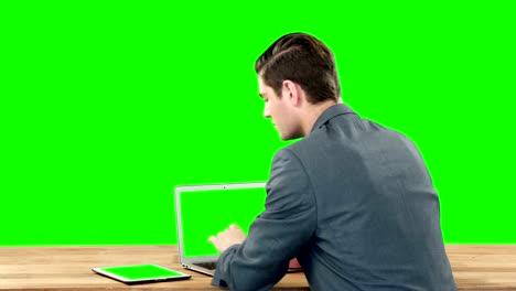 Rear-view-of-businessman-using-a-laptop-and-digital-tablet