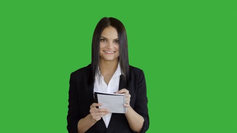 Young-Attractive-Brunette-Women-Standing-Isolated-Against-Green-Screen-Background.-Portrait-of-Beautiful-Professional-Female-Person-in-Suit