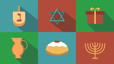 Apartamento-de-vacaciones-de-Hanukkah-diseño-animación-icono-conjunto-de-símbolos-tradicionales