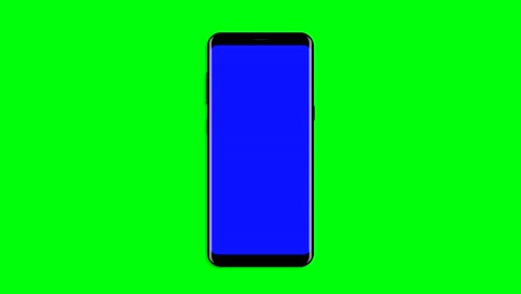 Negro-smartphone-se-enciende-sobre-fondo-azul.-Pantalla-verde-personalizable-fácil.-Imagen-generada-por-ordenador.-Video-de-4K.