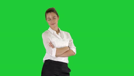 Thoughtful-woman-with-crossed-hands-on-a-Green-Screen,-Chroma-Key