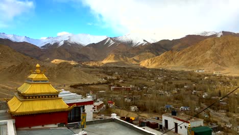 Time-lapse-clouds,-shadows-and-Ladakh-City-from-Shanti-Stupa,-Leh-Ladakh,-India