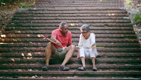 Ältere-schwarze-Freunde-reden-beim-Sitzen-auf-der-Treppe-im-Park