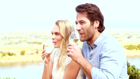 Cute-couple-laughing-and-drinking-white-wine