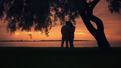 Pareja-de-permanecer-bajo-un-árbol-grande,-abrazándose-unos-a-otros-y-mirando-la-puesta-del-sol