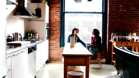 Lesbian-couple-interacting-with-each-other-in-the-kitchen