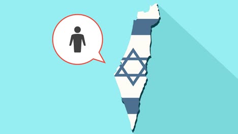 Animation-of-a-long-shadow-Israel-map-with-its-flag-and-a-comic-balloon-with-a-male-pictogram