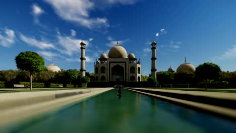 Taj-Mahal-contra-el-cielo-azul,-inclinación-cam,-4K