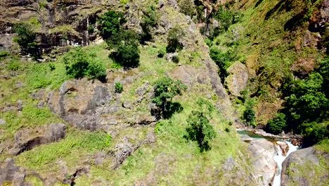 Waterfall-in-Himalayas-range-Nepal-from-Air-view-from-drone