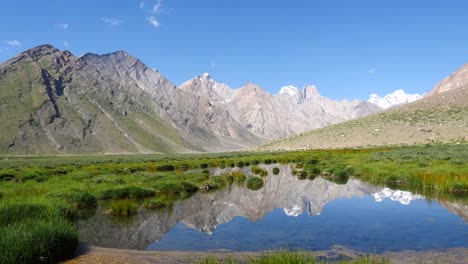 Hermosa-nieve-montañas-gama-el-paisaje-con-reflexión-a-Rangdum-en-agosto,-camino-del-Valle-de-Zanskar-en-los-Himalayas-de-Ladakh,-Leh,-India.