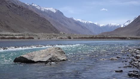 Un-río-fluye-sobre-las-rocas-en-esta-bella-escena-en-las-montañas-del-himalaya,-el-río-de-Shyok-atraviesa-norte-Ladakh-en-la-India