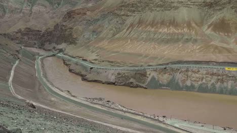 Confluence-of-the-Indus-and-Zanskar-Rivers,-two-different-colors-rivers-of-Indus-and-Zanskar-Rivers-in-Leh,-Ladakh,-India.