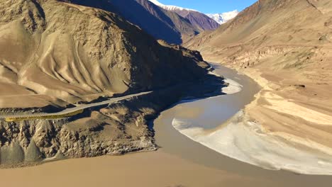 Panorama-Landschaft:-Zusammenfluss-von-Indus-Fluß,-Leh-Ladukh,-Indien