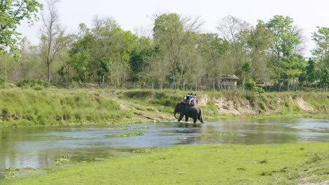 Elephant-safari-with-tourists-in-jungle,-national-park-in-Chaitwan,-Nepal.