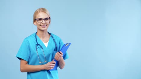 Portrait-of-cheerful-doctor-with-stethoscope-and-clipboard