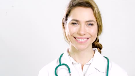 Portrait-of-a-beautiful-female-doctor-smiling-showing-a-perfect-smile,-on-professional-clinic.