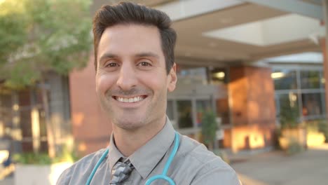 Portrait-Of-Doctor-Standing-Outside-Hospital-Shot-On-R3D