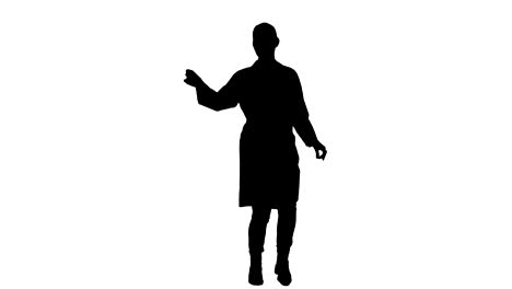 Silhouette-Smiling-junge-Frau-im-Laborkittel-lustige-Tanz