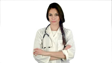 Attractive-young-female-doctor-in-white-coat-with-stethoscope-looking-into-the-camera-on-white-background