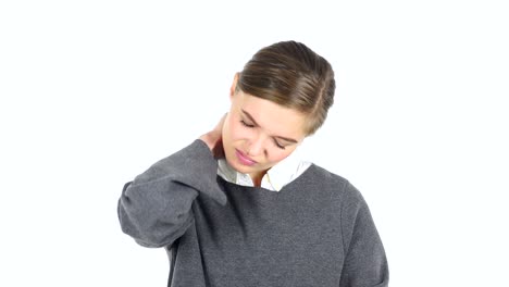 Young-Woman-with-Neck-Pain,-White-Background