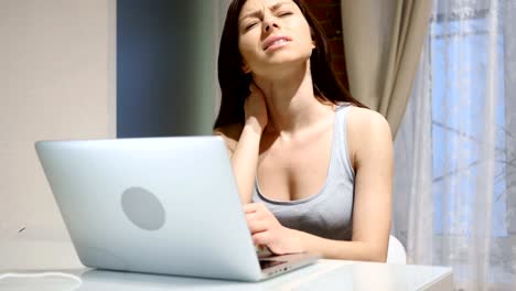 Tired-Woman,-Girl-Relaxing-Muscles,-while-Working-on-Laptop,-Stairs