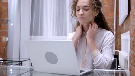 Tired-Female,-Girl-Relaxing-Muscles,-while-Working-on-Laptop