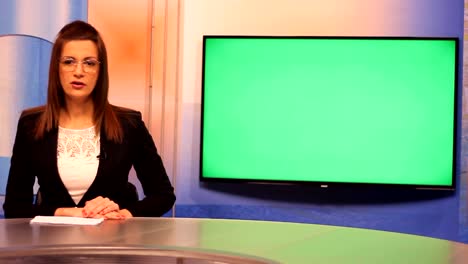 Young-woman-TV-presenter-,Green-Screen-background