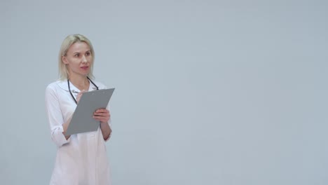 Young-female-doctor-in-white-room-writing