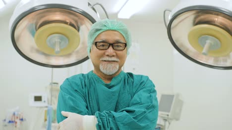 Portrait-of-senior-male-surgeon-wearing-full-surgical-scrubs-smiling-camera-in-operating-theater-at-the-hospital.