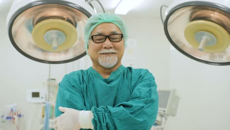 Portrait-of-senior-male-surgeon-wearing-full-surgical-scrubs-smiling-camera-in-operating-theater-at-the-hospital.