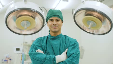 Portrait-of-Caucasian-male-surgeon-wearing-full-surgical-scrubs-smiling-camera-in-operating-theater-at-the-hospital.