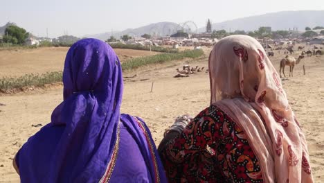 Tilt-up-on-the-back-of-friends-waving-and-talking-at--Pushkar-Mela-festival