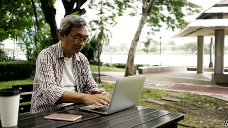 Asian-senior-man-shopping-online-with-his-notebook-in-the-park