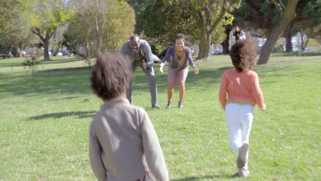 Happy-daughter-and-son-running-to-parents-in-sunny-park