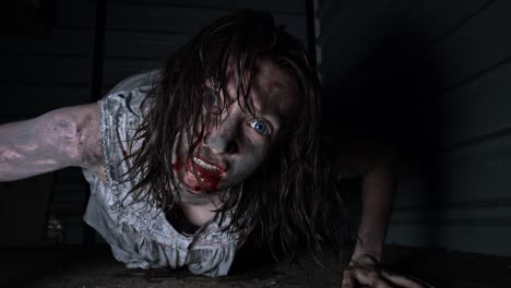 4k-Horror-Shot-of-a-Dirty-Zombie-Woman-Crawling-at-Camera