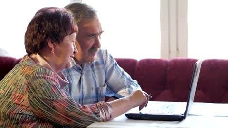 Una-pareja-de-ancianos-está-sentado-en-casa-en-la-computadora-portátil.-Una-mujer-lee-noticias,-un-hombre-con-un-bigote-se-sienta-junto-a-él-y-las-conversaciones