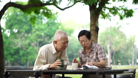 Asian-senior-retire-couple-drink-coffee-and-read-book-in-park