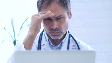 Headache,-Tense-Doctor-working-in-Clinic,-Close-Up