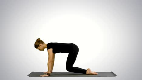 Woman-doing-Upward-Dog-Yoga-Position,-part-of-Sun-Salutation-on-white-background