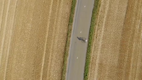 Drone-Schuss-des-Mannes-Fahrrad-zu-üben.-Luftaufnahme-des-Athleten-training-für-ein-Triatlon-Rennen,