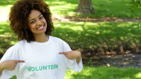 Pretty-voluntarios-sonriendo-a-la-cámara-y-apuntando-a-una-camiseta