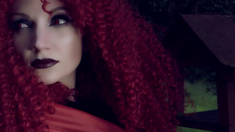 4k-Halloween-Shot-of-Red-Riding-Hood-posing,-face-close-up