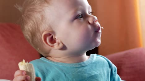 An-attractive-boy-2-years-old-eats-a-banana.-Sits-at-the-table-at-home.-Carefully-watching-cartoons-on-TV