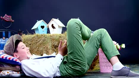 stylishly-dressed-boy-playing-with-ducklings-and-chickens,-a-haystack-in-the-background,-colored-bird-houses,-balloons-and-flowers.studio-video-shooting-with-a-thematic-decoration