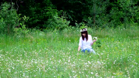 Verano,-en-medio-de-un-césped-de-la-manzanilla,-en-un-bosque,-una-mujer-joven,-una-morena-teje-una-guirnalda-de-chamomiles